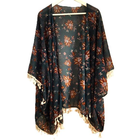 Dark green sheer floral kimono O/S Plus - Picture 1 of 6